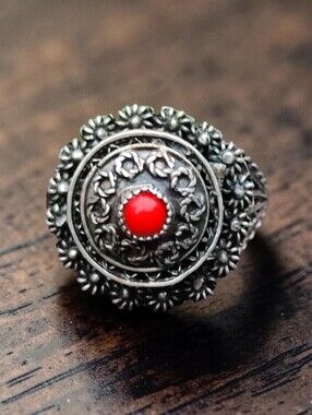 Antique Sterling Silver Coral Tibetan Poison Rind